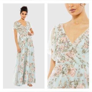 Mac Duggal 11220 NWT Floral Flutter Sleeve V-Neck Maxi Dress